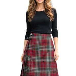 Vintage James Pringle Kilt Skirt Inverness Red Tartan Pure Wool Pleated Scotland